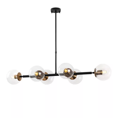 Modern industrial chandelier, adjustable height, black and antique design, 110 x 40 x 35-66 cm | Metal housing, glass cap, 6 x E14 sockets (max. 40 W) | Perfect for Scandinavian and modern decor
