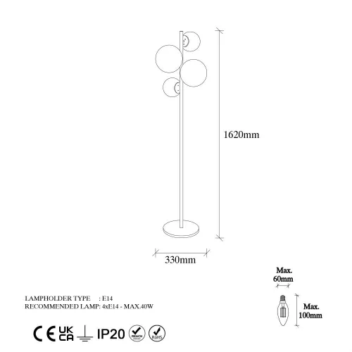 Modern floor lamp with metal housing and glass caps (4 pcs), black and white, 33 x 33 x 162 cm | IP20, 200cm cable, E14 socket, stylish industrial and Scandinavian design for home and office use