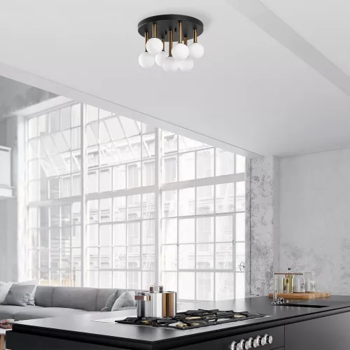 Stylish chandelier with metal body and glass cap, 44 x 44 x 40 cm | Black, antique and cream colors | 7 x G9 sockets (max. 10 W) | Perfect for modern industrial and Scandinavian decor | Bulb not included