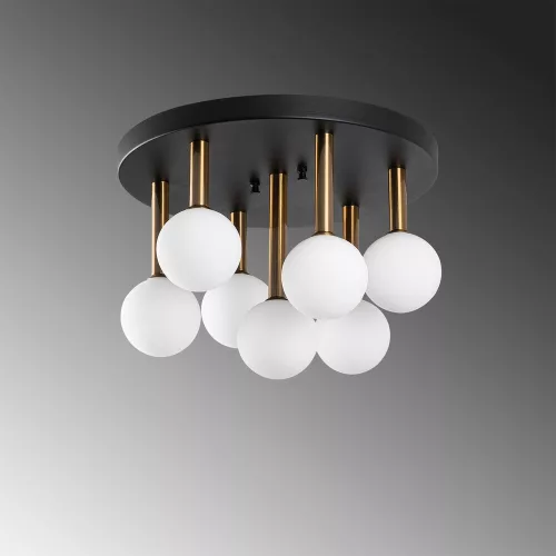 Stylish chandelier with metal body and glass cap, 44 x 44 x 40 cm | Black, antique and cream colors | 7 x G9 sockets (max. 10 W) | Perfect for modern industrial and Scandinavian decor | Bulb not included