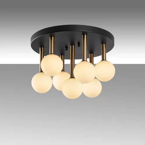 Stylish chandelier with metal body and glass cap, 44 x 44 x 40 cm | Black, antique and cream colors | 7 x G9 sockets (max. 10 W) | Perfect for modern industrial and Scandinavian decor | Bulb not included