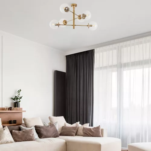 Elegant gold chandelier, metal body with glass cap, 75 x 75 x 40 cm | 6 x E14 sockets (max. 40 W) | Scandinavian Glam Design, perfect for modern living spaces | IP20 rated, stylish lighting solution