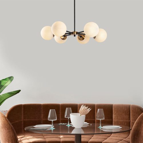 Modern Industrial Chandelier, Adjustable Height, 6 x E27 Max 40W, Black & Antique Cream, 73 x 73 x 35-72 cm | Metal Body & Glass Cap, Perfect for Scandinavian & Novelty Decor, IP20 Rated