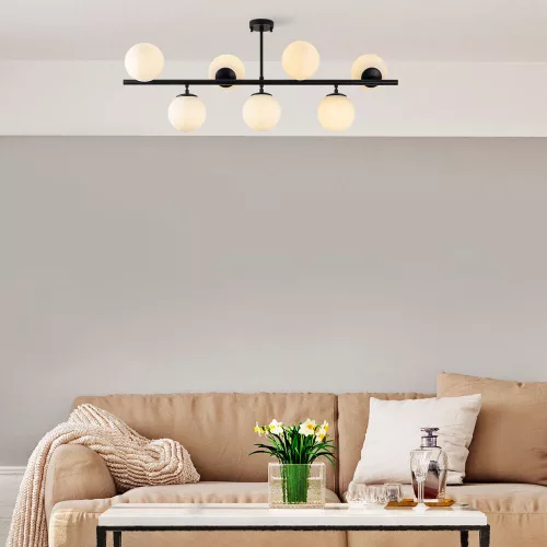 Modern black chandelier, 113 x 40 x 46 cm | Metal housing with glass cap, 7 x E14 sockets (max. 40W) | Industrial and Scandinavian design, perfect for home and office lighting, IP20 rating
