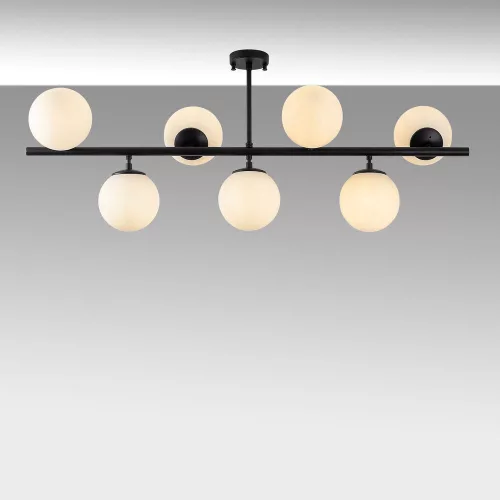 Modern black chandelier, 113 x 40 x 46 cm | Metal housing with glass cap, 7 x E14 sockets (max. 40W) | Industrial and Scandinavian design, perfect for home and office lighting, IP20 rating