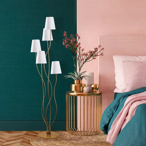 Elegant floor lamp with metal housing and fabric cap, gold and white | 44 x 44 x 160 cm | Base plate diameter: 30 cm | 5 x E14 sockets, max 40W | Perfect for glamorous interior design and modern spaces