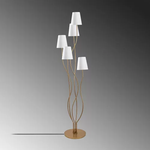 Elegant floor lamp with metal housing and fabric cap, gold and white | 44 x 44 x 160 cm | Base plate diameter: 30 cm | 5 x E14 sockets, max 40W | Perfect for glamorous interior design and modern spaces