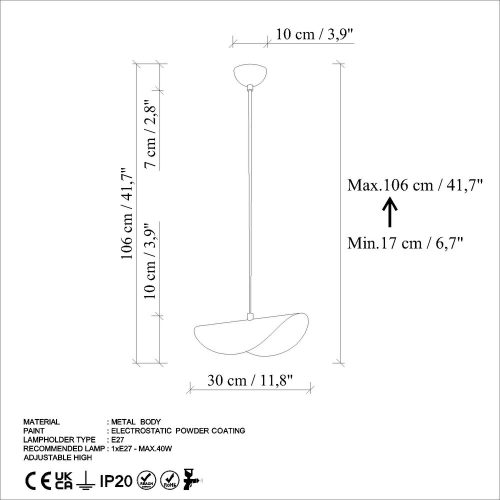 Elegant adjustable chandelier, antique finish, 30 x 20 x 10 cm | Metal housing, Height 17-106 cm, Ø10 Motherboard, 90 cm Cable | E27 socket, max. 40 W, perfect for living room and dining room