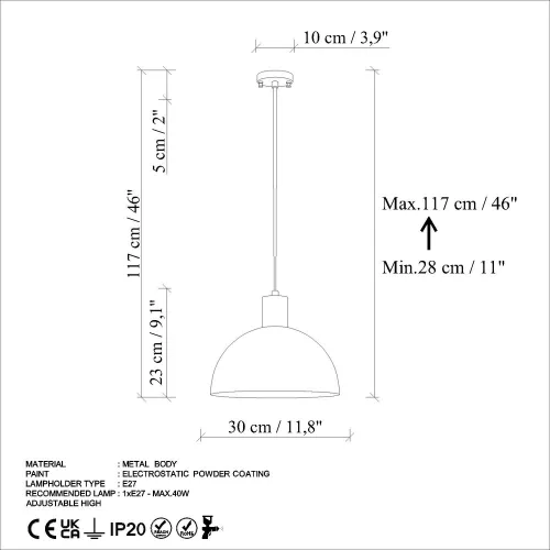 Elegant adjustable chandelier, antique finish, Ø30 cm, height 28-117 cm | Metal housing, 1 x E27 socket (max. 40 W) | Perfect for living room, dining room and entrance, stylish and functional lighting solution