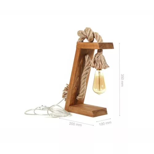 Handmade table lamp, brown and gold, 20 x 35 x 10 cm | 100% PINE WOOD, oven-dried, lacquer coating | 2m cable, 1m jute rope, on/off switch, E27 socket (max. 40W) | Rustic modern design for interior design