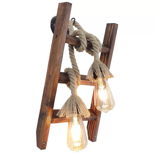 Handmade solid pine wall lamp, walnut color, 45 x 25 x 23 cm | 2 x E27 Max 40W Socket | IP20 rated | Modern rustic design for elegant interior design and ambient lighting