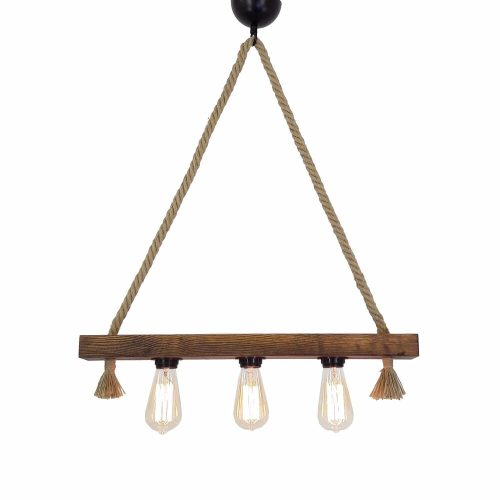 Handmade rustic chandelier, solid pine with jute rope, 10 x 60 x 60 cm | 3 x E27 Max 40W | Elegant walnut color, modern, novel design | Perfect for living room, dining room and entrance lighting
