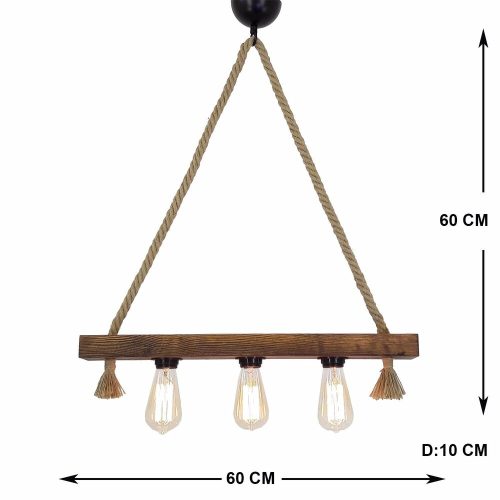 Handmade rustic chandelier, solid pine with jute rope, 10 x 60 x 60 cm | 3 x E27 Max 40W | Elegant walnut color, modern, novel design | Perfect for living room, dining room and entrance lighting