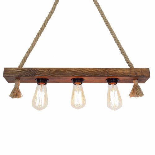 Handmade rustic chandelier, solid pine with jute rope, 10 x 60 x 60 cm | 3 x E27 Max 40W | Elegant walnut color, modern, novel design | Perfect for living room, dining room and entrance lighting