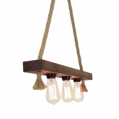 Handmade rustic chandelier, solid pine with jute rope, 10 x 60 x 60 cm | 3 x E27 Max 40W | Elegant walnut color, modern, novel design | Perfect for living room, dining room and entrance lighting