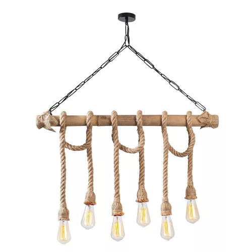 Elegant chandelier with a wooden body, black and wooden design, 80 x 8 cm, height 90 cm, 6 x E27 Max 40W, 40 cm Cable | Modern rustic design, perfect for living room and dining room, IP20 rating