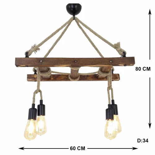 Handmade walnut chandelier, 80 x 34 x 60 cm | 100% solid pine, 4 x E27 Max 40W | Modern rustic design, IP20 | Perfect for living room, dining room and entrance, elegant lighting solution