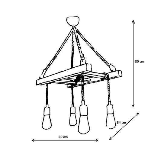 Handmade walnut chandelier, 80 x 34 x 60 cm | 100% solid pine, 4 x E27 Max 40W | Modern rustic design, IP20 | Perfect for living room, dining room and entrance, elegant lighting solution
