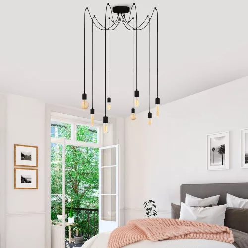 Industrial black chandelier, 156 x 156 cm, adjustable height (102 cm) | Metal housing, 8 x E27 sockets (max. 40 W) | Stylish monochrome design for modern home and office spaces, IP20 rated