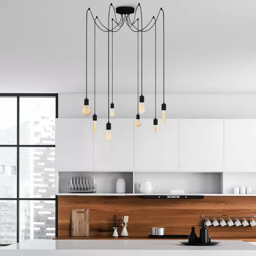 Industrial black chandelier, 156 x 156 cm, adjustable height (102 cm) | Metal housing, 8 x E27 sockets (max. 40 W) | Stylish monochrome design for modern home and office spaces, IP20 rated