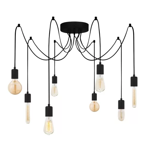 Industrial black chandelier, 156 x 156 cm, adjustable height (102 cm) | Metal housing, 8 x E27 sockets (max. 40 W) | Stylish monochrome design for modern home and office spaces, IP20 rated