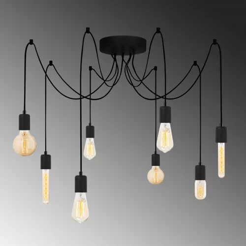 Industrial black chandelier, 156 x 156 cm, adjustable height (102 cm) | Metal housing, 8 x E27 sockets (max. 40 W) | Stylish monochrome design for modern home and office spaces, IP20 rated