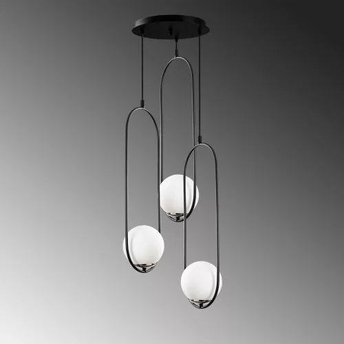 Modern industrial chandelier, black metal body, diameter 44 cm, height 146 cm | 3 x E27 sockets (max. 40 W) | Stylish black and white design for Scandinavian and modern decor | Bulb not included