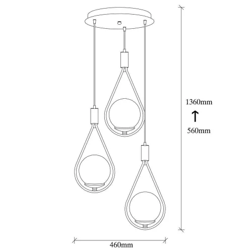Modern industrial chandelier, black metal body, diameter 46 cm, height 136 cm | 3 x E27 sockets (max. 40 W) | Elegant Scandinavian design, perfect for home and office decor | Bulb not included