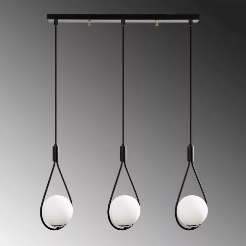 Modern industrial chandelier, black iron body, 70 x 15 cm, Height: 146 cm | 3 x E27 Max 40W | Elegant glass cap, Scandinavian design | Perfect for home and office lighting, IP20 rated