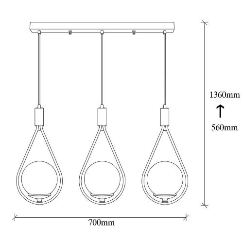 Modern industrial chandelier, black iron body, 70 x 15 cm, Height: 146 cm | 3 x E27 Max 40W | Elegant glass cap, Scandinavian design | Perfect for home and office lighting, IP20 rated