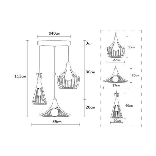 Modern copper chandelier, diameter 55 cm, height 113 cm | Adjustable height, 90 cm Cable | 3 x E27 Max 40W | Stylish metal body, IP20 | Perfect for contemporary living spaces and dining rooms