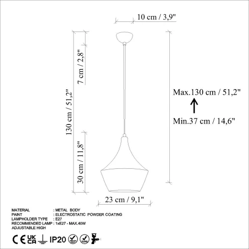 Elegant light blue chandelier, adjustable height 37-130 cm, metal body, Ø23 cm shade, Ø10 cm base, 90 cm cable, E27 socket (max. 40 W), perfect for modern living spaces, IP20 classification