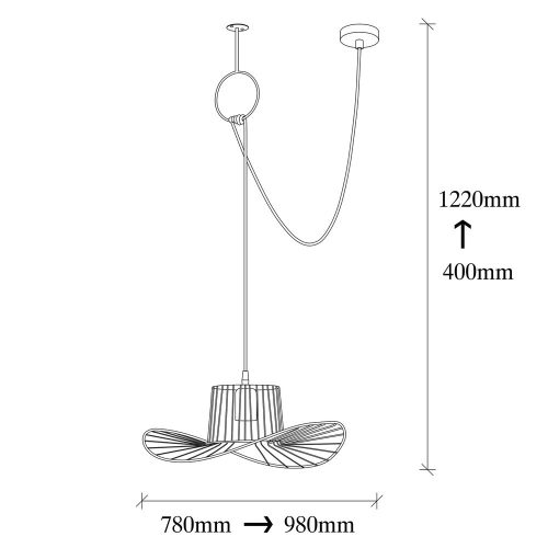 Modern black chandelier, metal body, 98 x 38 cm, height 122 cm, adjustable, E27 socket max. 40 W, includes setup guide, elegant design for home and office, IP20 rating, stylish lighting solution