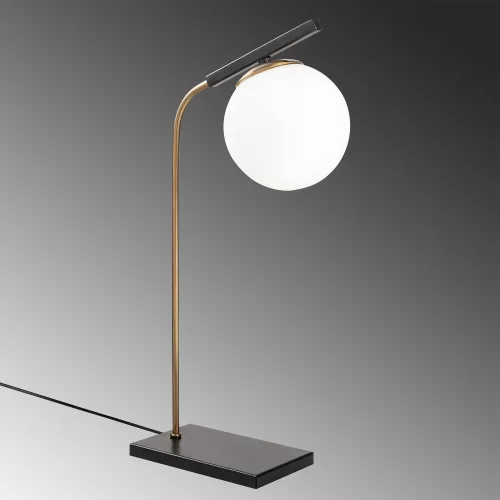 Elegant Scandinavian table lamp, metal housing with glass cap, height 55 cm, diameter 15 cm, on/off switch, 200 cm cable, E27 socket, max 40 W, stylish gold and black design for modern interiors