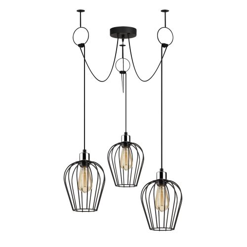 Industrial black chandelier, diameter 100 cm, adjustable height 130 cm | Metal housing, 3 x E27 Max 40W | Elegant nostalgic design for modern spaces | Includes setup instructions and how to connect the device