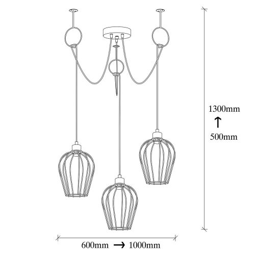 Industrial black chandelier, diameter 100 cm, adjustable height 130 cm | Metal housing, 3 x E27 Max 40W | Elegant nostalgic design for modern spaces | Includes setup instructions and how to connect the device