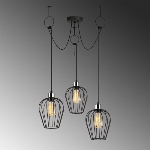 Industrial black chandelier, diameter 100 cm, adjustable height 130 cm | Metal housing, 3 x E27 Max 40W | Elegant nostalgic design for modern spaces | Includes setup instructions and how to connect the device