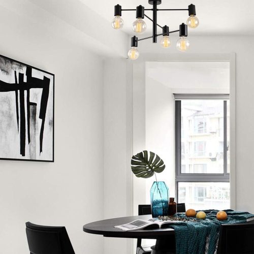 Modern industrial chandelier, black metal body, 61 x 61 cm, height 33 cm, 6 x E27 Max 40W, IP20, Installation instructions included | Stylish lighting for home and office use, elegant, monochrome design