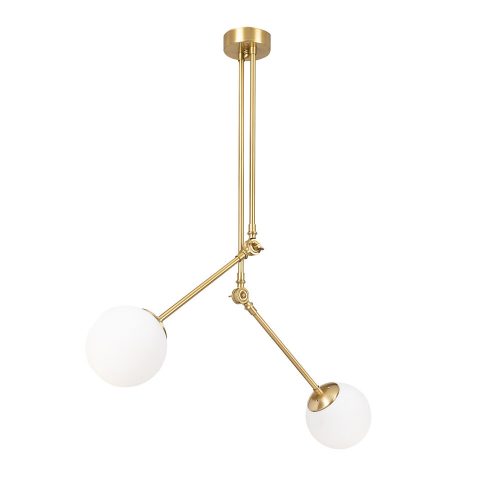 Elegant modern chandelier, gold-white, 100 x 15 cm | Metal body, glass cap, height: 110 cm | 2 x E27 sockets, IP20 | Perfect for Glam & Scandinavian decor, set up instructions included