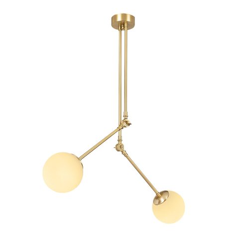 Elegant modern chandelier, gold-white, 100 x 15 cm | Metal body, glass cap, height: 110 cm | 2 x E27 sockets, IP20 | Perfect for Glam & Scandinavian decor, set up instructions included
