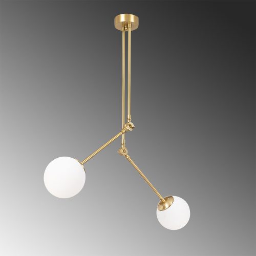 Elegant modern chandelier, gold-white, 100 x 15 cm | Metal body, glass cap, height: 110 cm | 2 x E27 sockets, IP20 | Perfect for Glam & Scandinavian decor, set up instructions included