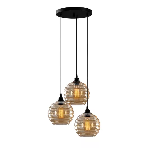 Elegant chandelier with metal body and glass cap, 44 x 44 cm, height 116 cm | Adjustable height, 3 x E27 Max 40W | Gold and black finish | Perfect for nostalgic Scandinavian and Southwestern decor
