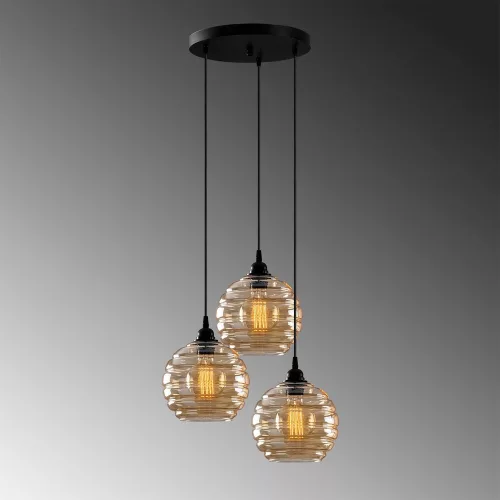 Elegant chandelier with metal body and glass cap, 44 x 44 cm, height 116 cm | Adjustable height, 3 x E27 Max 40W | Gold and black finish | Perfect for nostalgic Scandinavian and Southwestern decor
