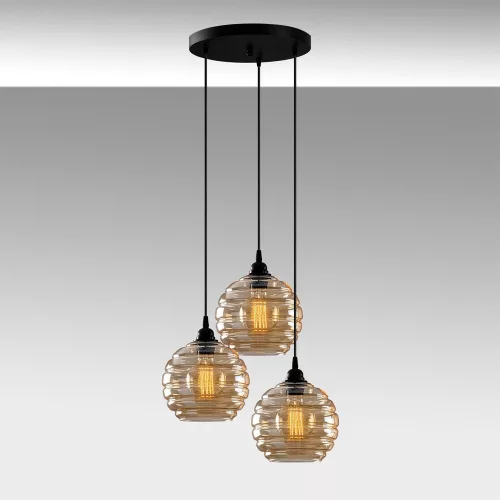 Elegant chandelier with metal body and glass cap, 44 x 44 cm, height 116 cm | Adjustable height, 3 x E27 Max 40W | Gold and black finish | Perfect for nostalgic Scandinavian and Southwestern decor