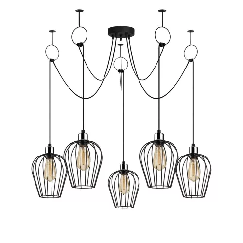 Industrial black chandelier, diameter 120 cm, adjustable height 130 cm | Metal housing, 5 x E27 sockets, IP20 | Perfect for nostalgic home decor and modern spaces, set-up instructions included