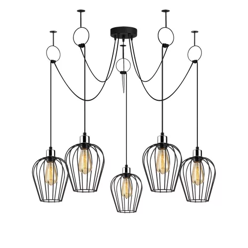 Industrial black chandelier, diameter 120 cm, adjustable height 130 cm | Metal housing, 5 x E27 sockets, IP20 | Perfect for nostalgic home decor and modern spaces, set-up instructions included