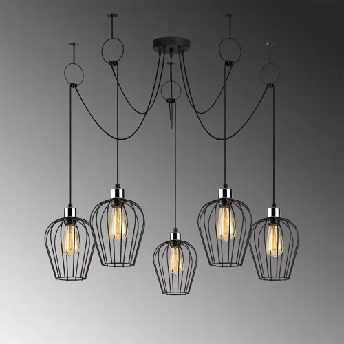 Industrial black chandelier, diameter 120 cm, adjustable height 130 cm | Metal housing, 5 x E27 sockets, IP20 | Perfect for nostalgic home decor and modern spaces, set-up instructions included