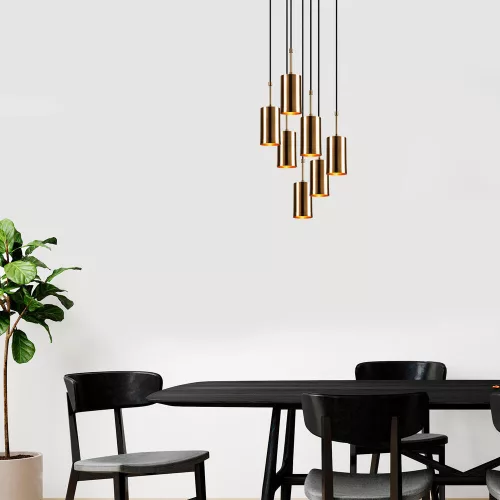 Elegant modern chandelier, gold and black, diameter 43 cm, height 120 cm | Adjustable height, 7 x E27 Max 40W | Perfect for Glam and Scandinavian decor | Includes setup instructions and how to connect the device