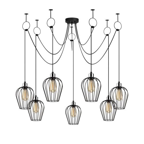 Industrial black chandelier, diameter 160 cm, adjustable height, 7 x E27 Max 40 W, metal housing, IP20, installation instructions included, perfect for nostalgic modern spaces, elegant and functional design