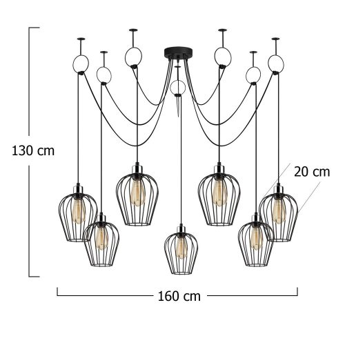 Industrial black chandelier, diameter 160 cm, adjustable height, 7 x E27 Max 40 W, metal housing, IP20, installation instructions included, perfect for nostalgic modern spaces, elegant and functional design